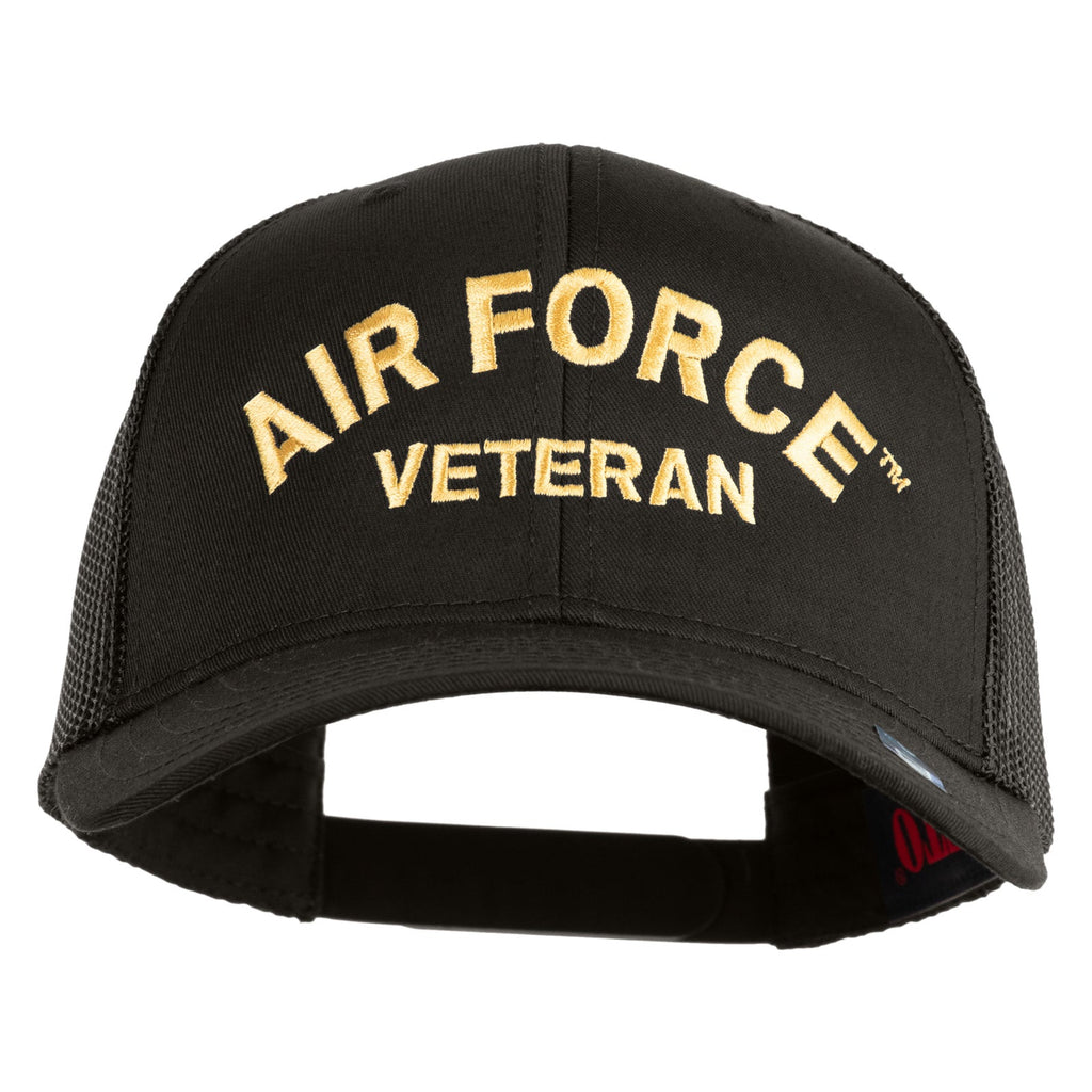 Black cap with 'Air Force Veteran' text in gold on a white background
