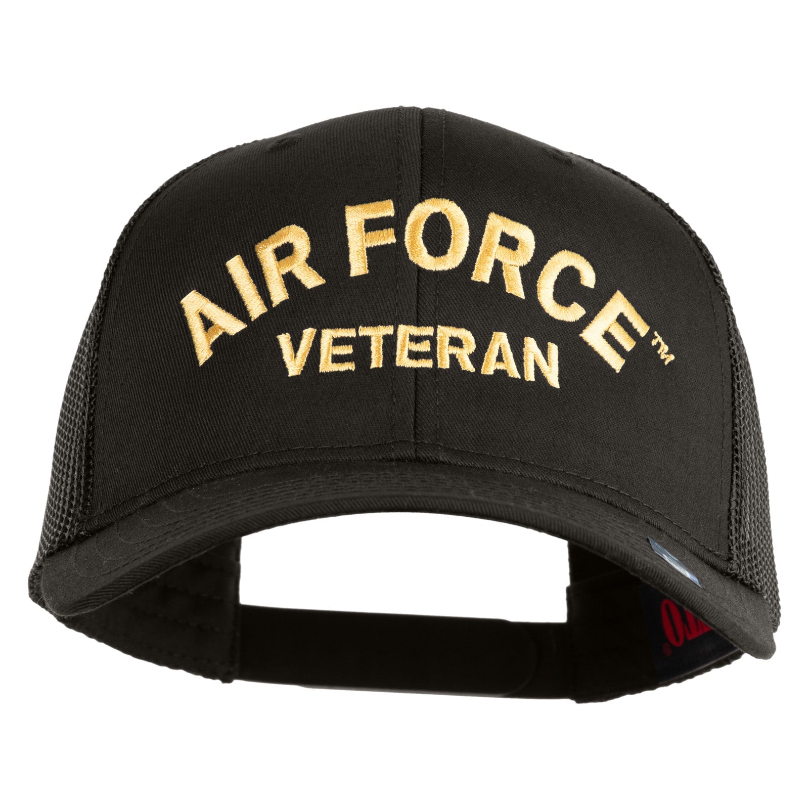 Black cap with 'Air Force Veteran' text in gold on a white background