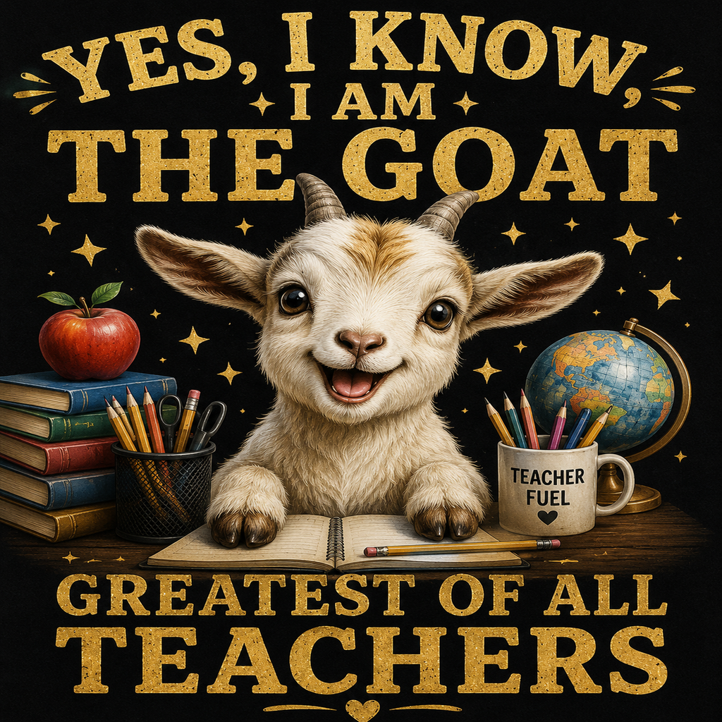 Illustration of a goat with educational items and text on a dark background