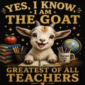 Illustration of a goat with educational items and text on a dark background