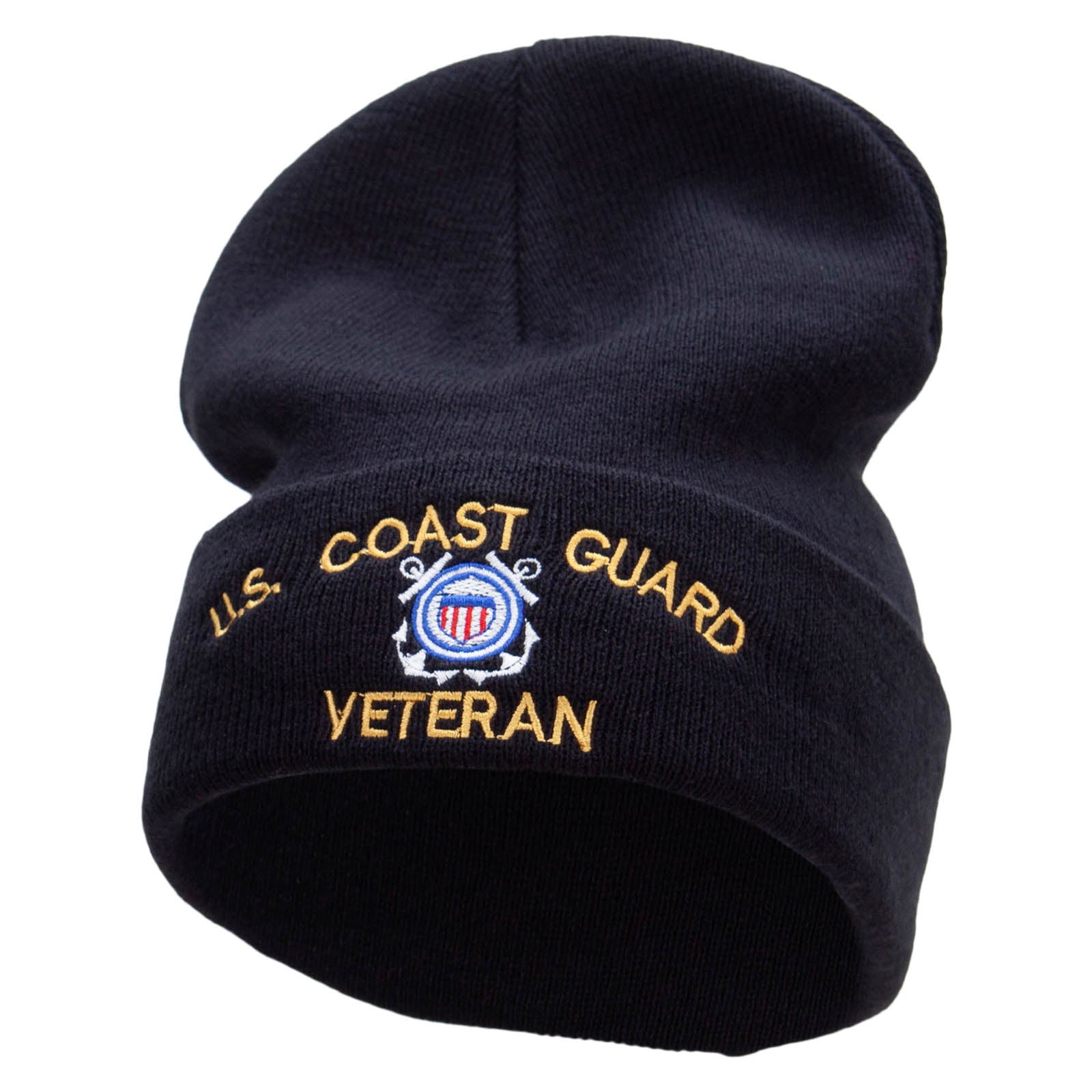 Black beanie with 'U.S. Coast Guard Veteran' text and emblem on a white background