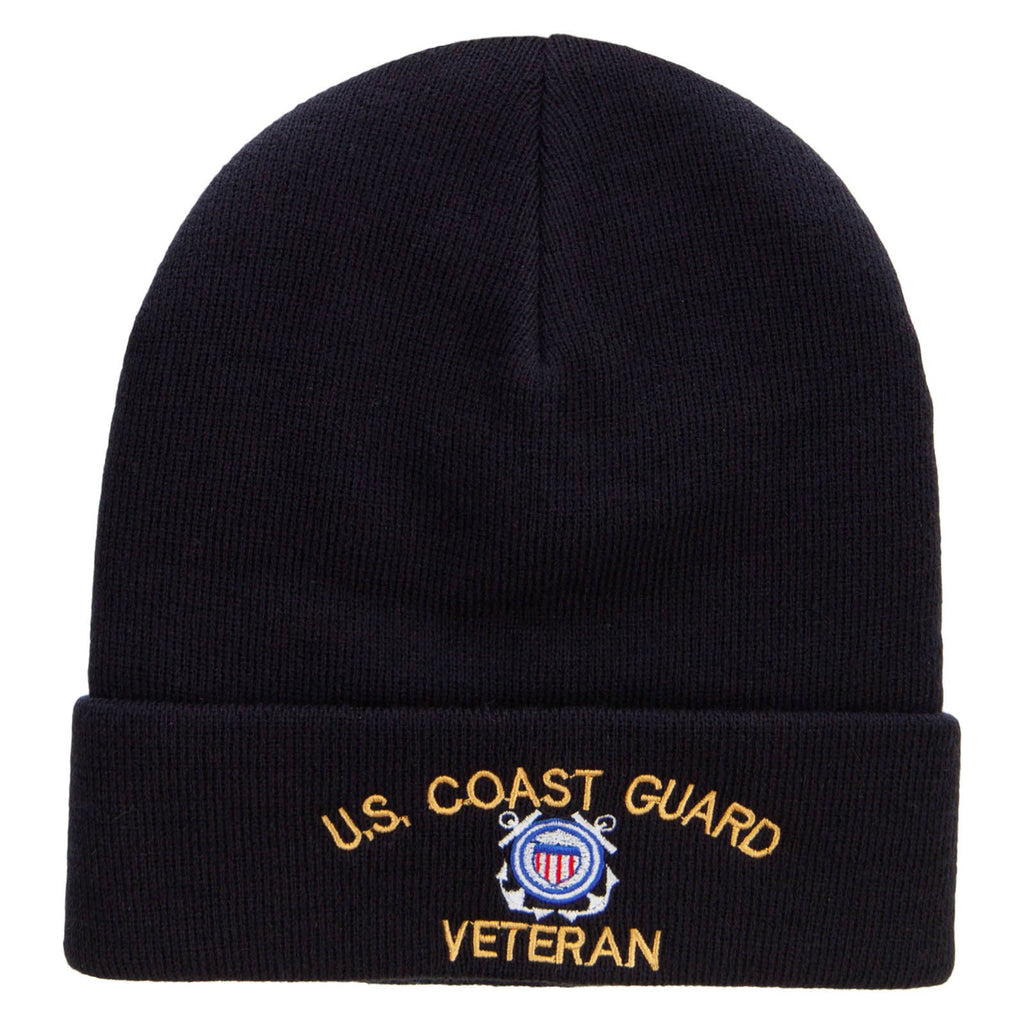 Black beanie with U.S. Coast Guard Veteran embroidery on a white background