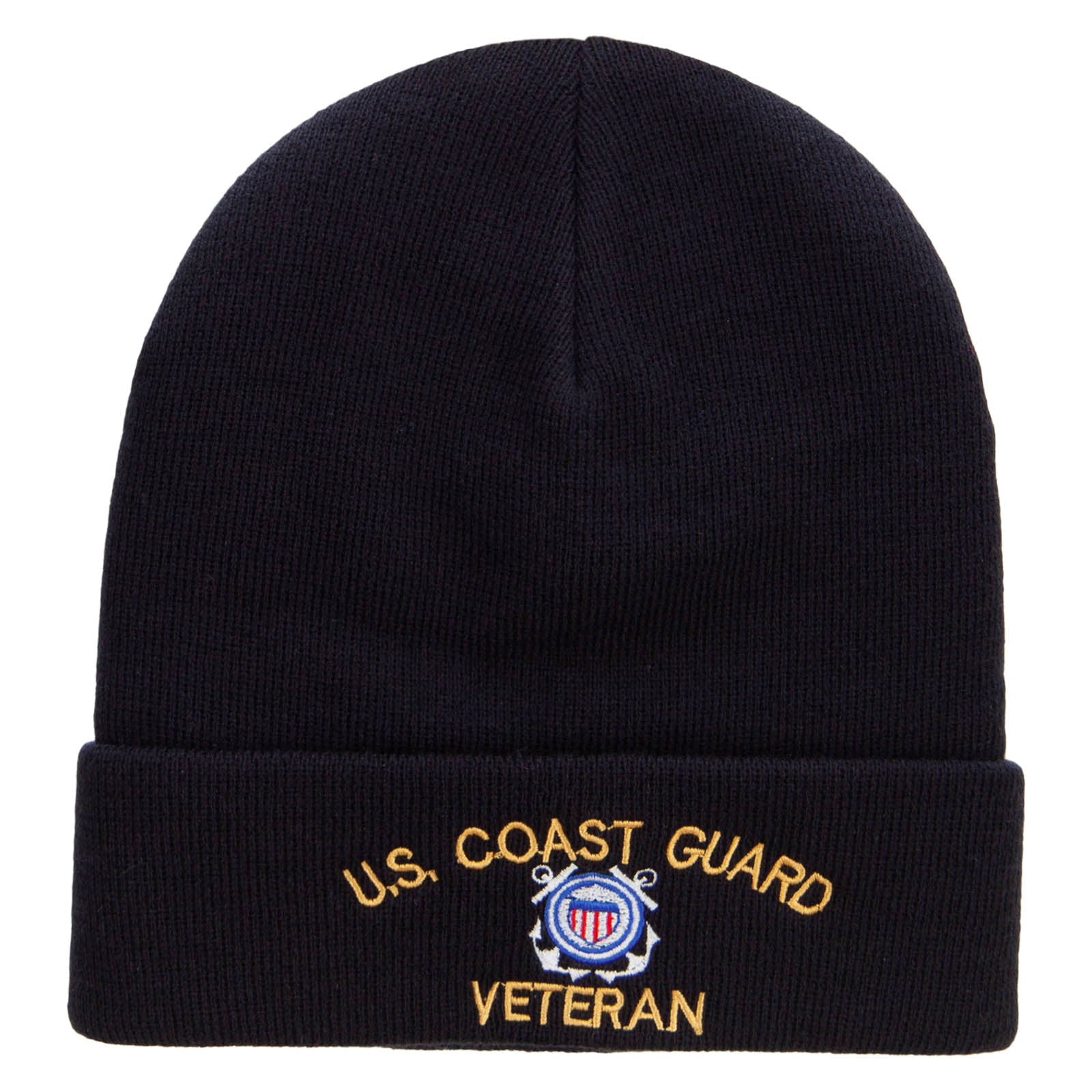 Black beanie with U.S. Coast Guard Veteran embroidery on a white background