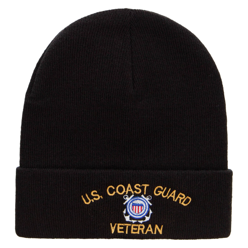 Black beanie with U.S. Coast Guard Veteran embroidery on a white background