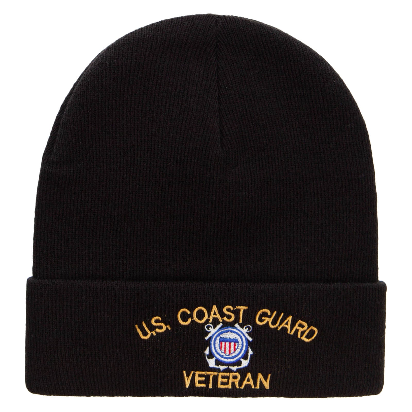 Black beanie with U.S. Coast Guard Veteran embroidery on a white background