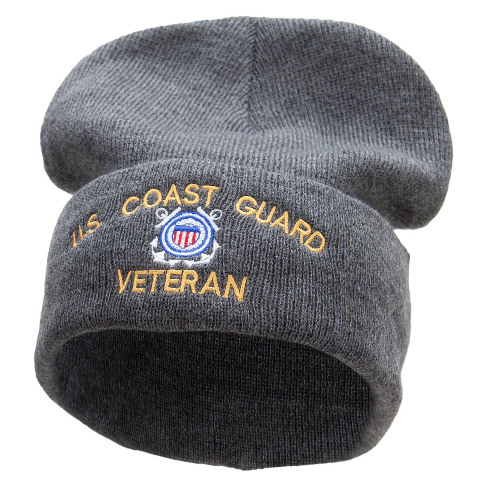 Gray beanie with U.S. Coast Guard Veteran embroidery on a white background