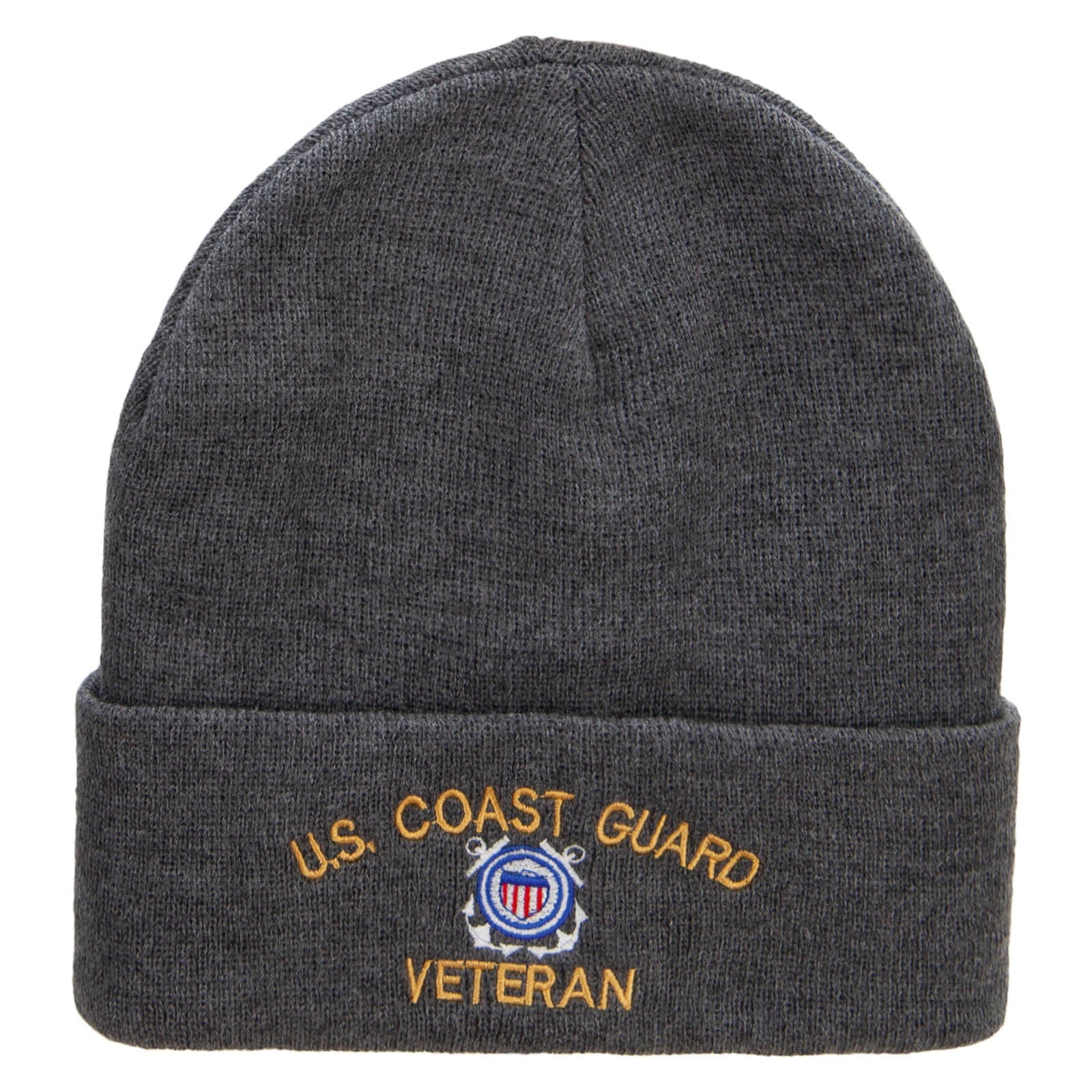Gray beanie with U.S. Coast Guard Veteran embroidery on a white background