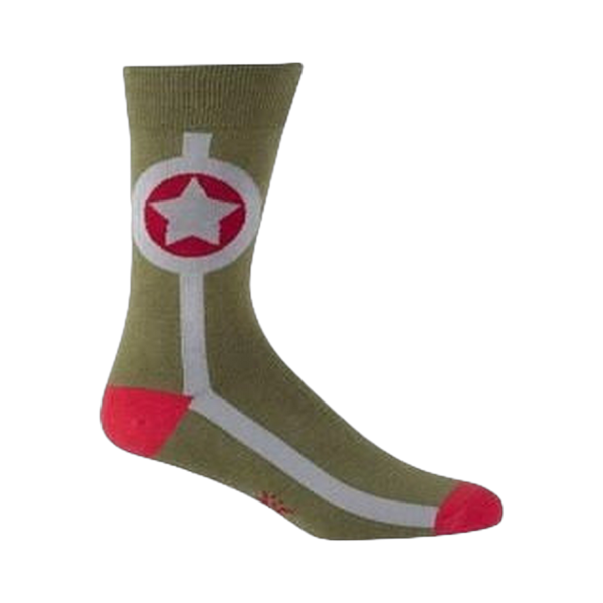 Green sock with red and white design on a white background