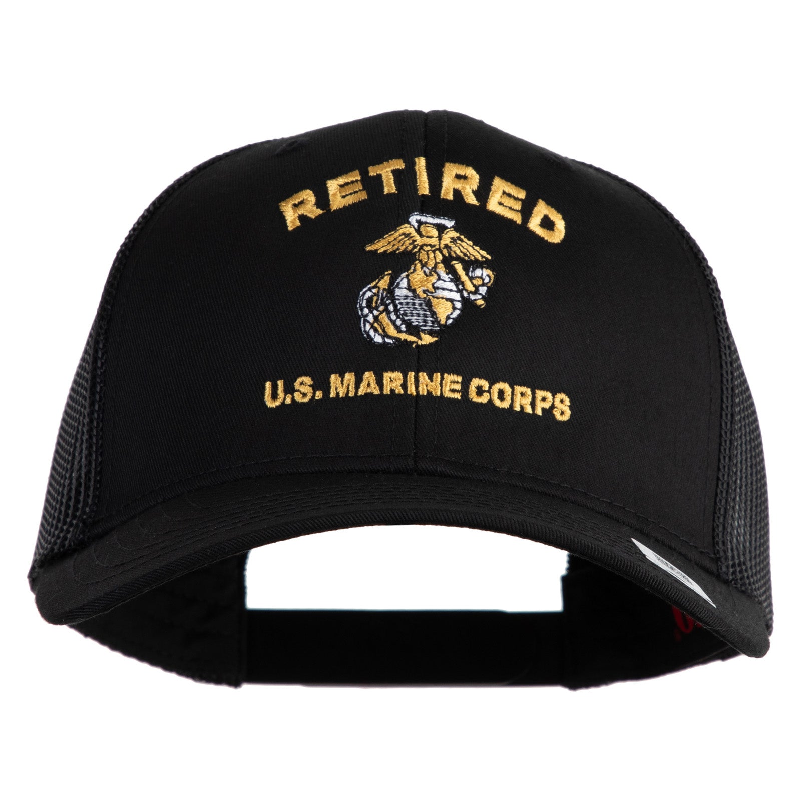Black cap with 'Retired U.S. Marine Corps' text and emblem on a white background