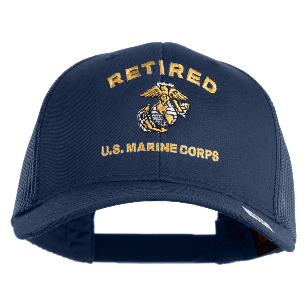 Navy blue cap with 'Retired U.S. Marine Corps' text and emblem on a white background
