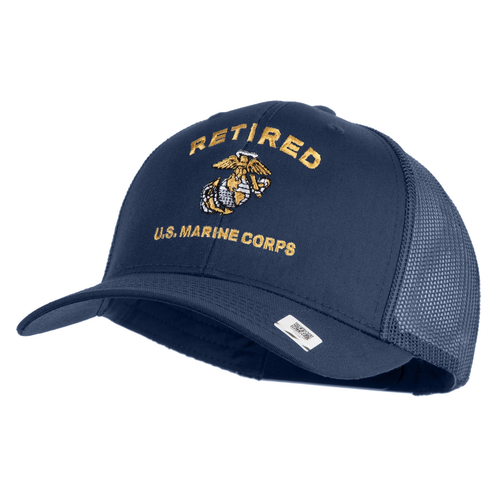 Navy blue cap with 'Retired U.S. Marine Corps' text and emblem on a white background