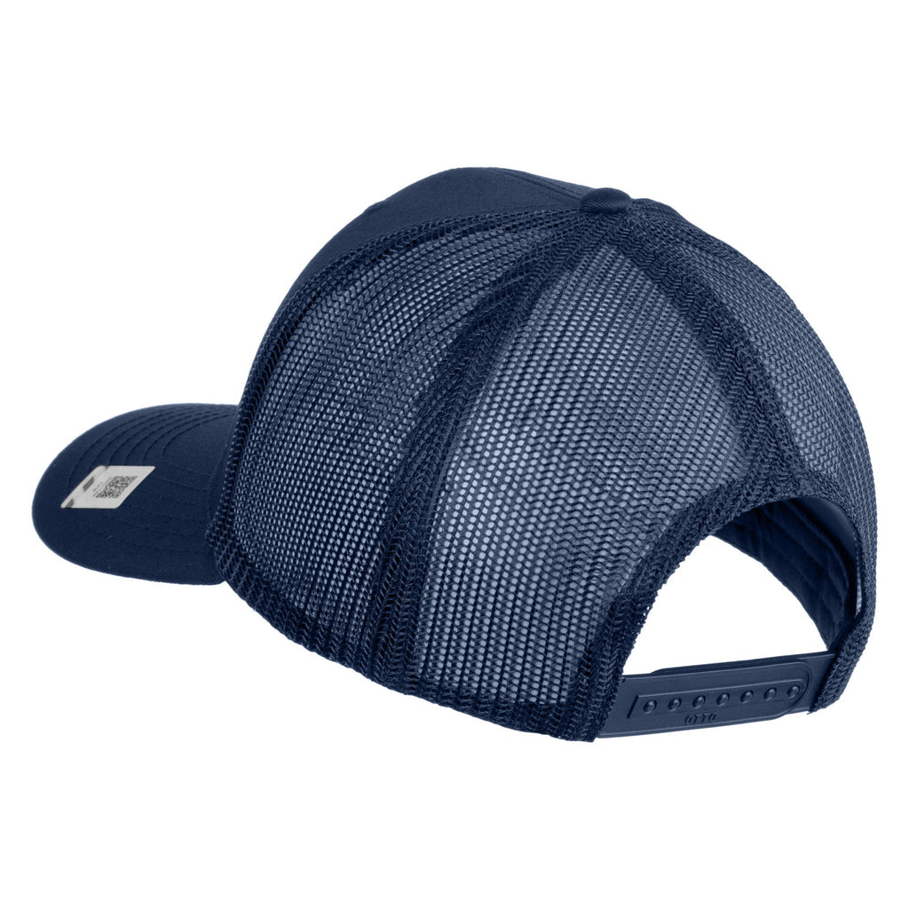 Navy blue cap with mesh back on a white background