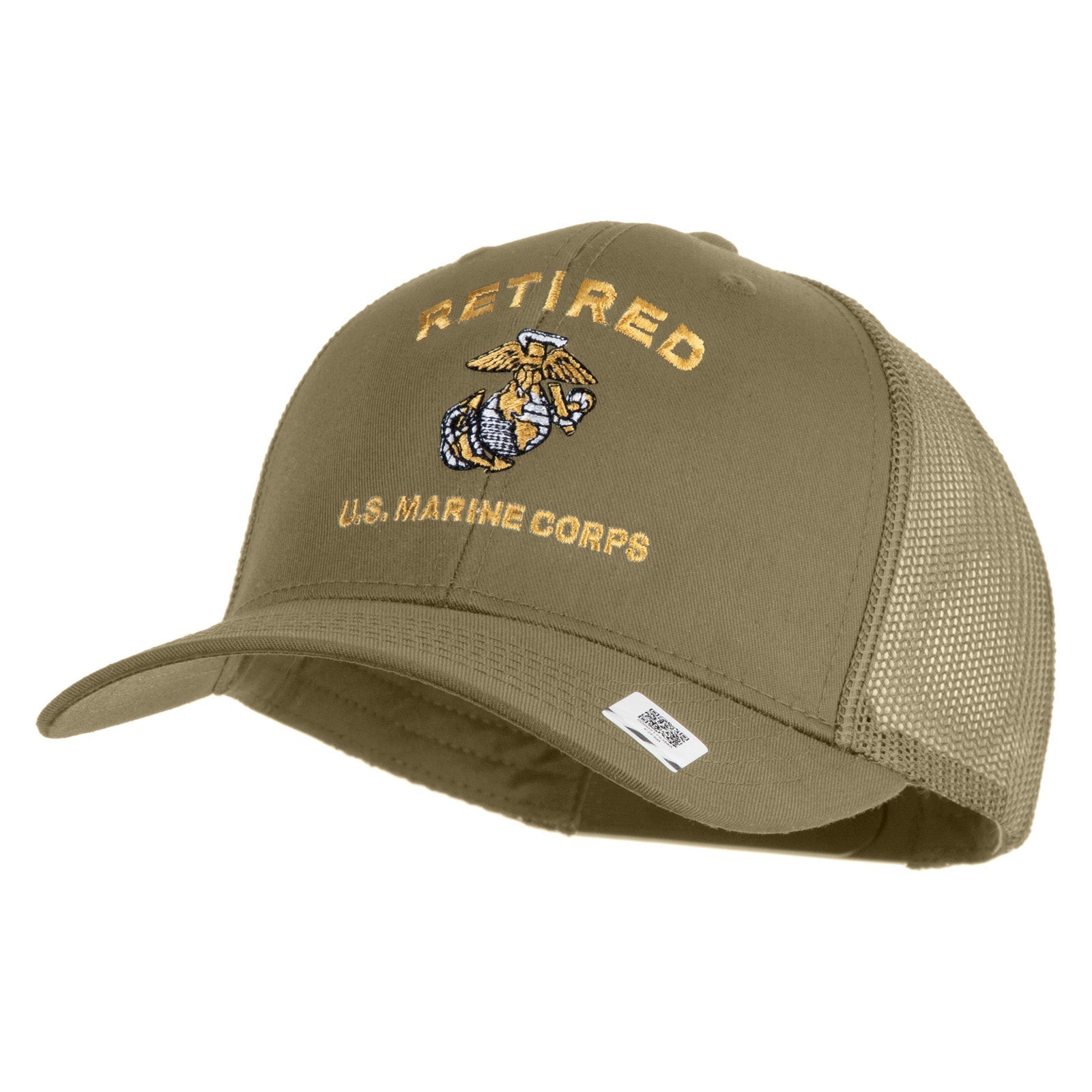 Khaki cap with 'Retired U.S. Marine Corps' text and emblem on a white background
