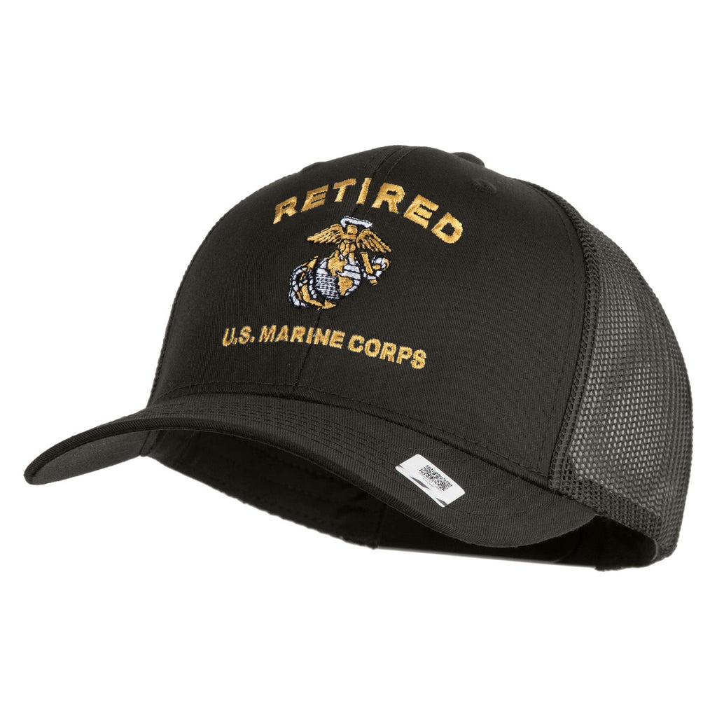 Black cap with 'Retired U.S. Marine Corps' text and emblem on a white background