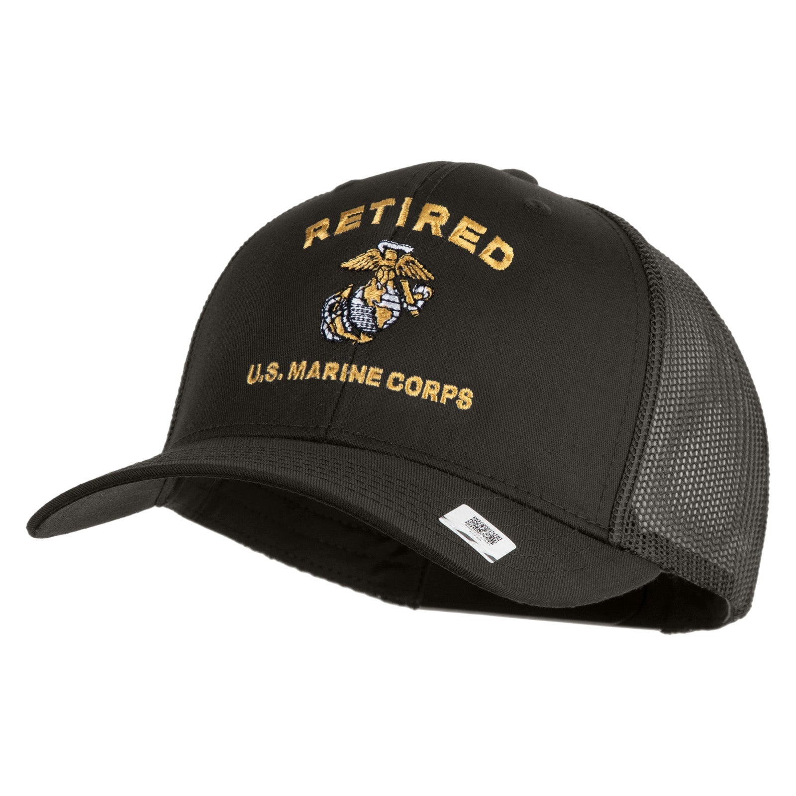 Black cap with 'Retired U.S. Marine Corps' text and emblem on a white background