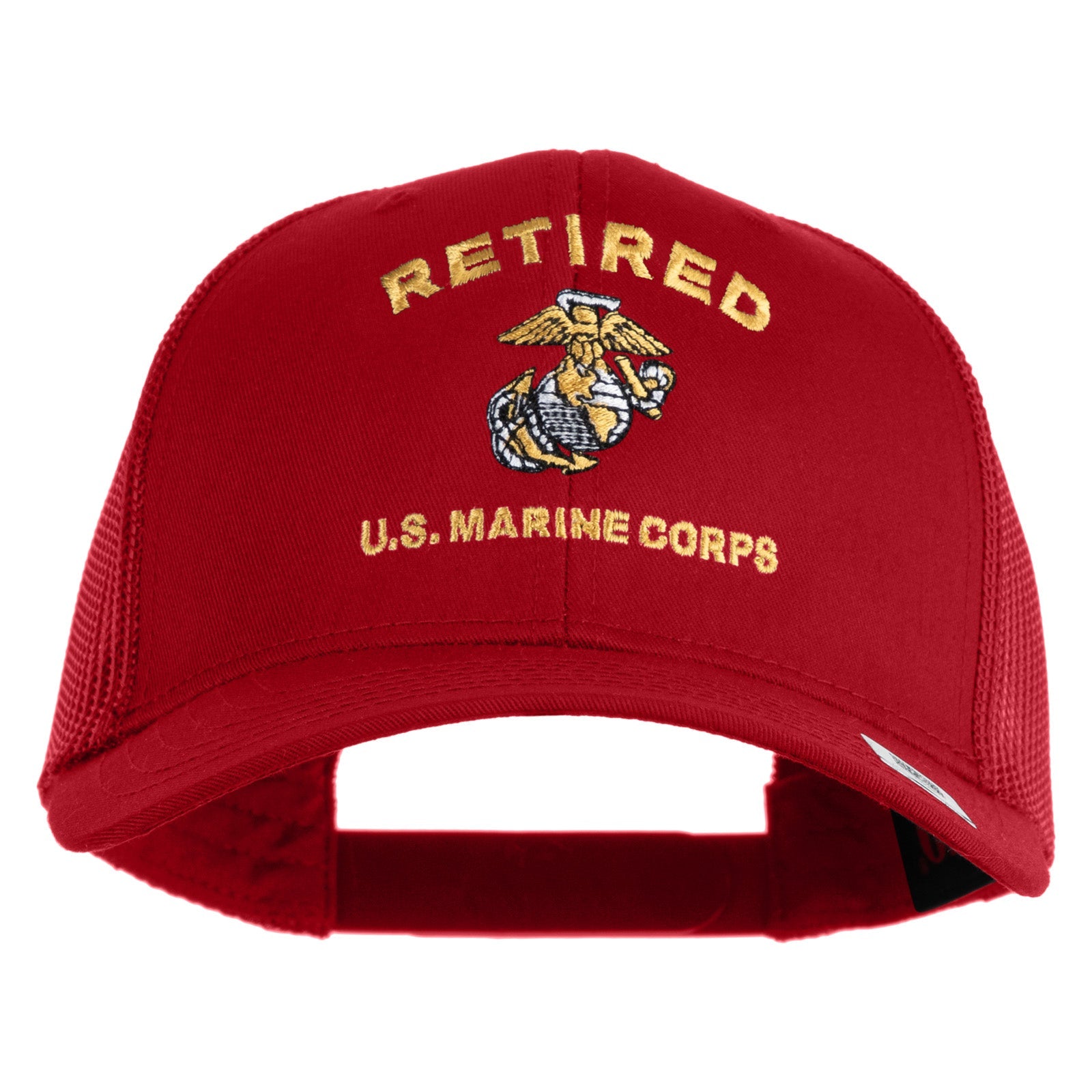 Red cap with 'Retired U.S. Marine Corps' text and emblem on a white background