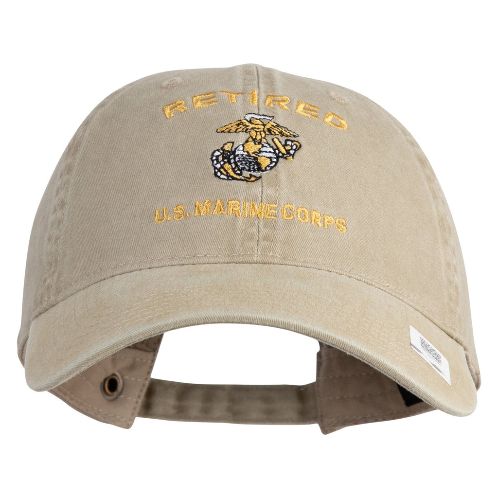 Beige cap with 'Retired U.S. Marine Corps' text and logo on a white background