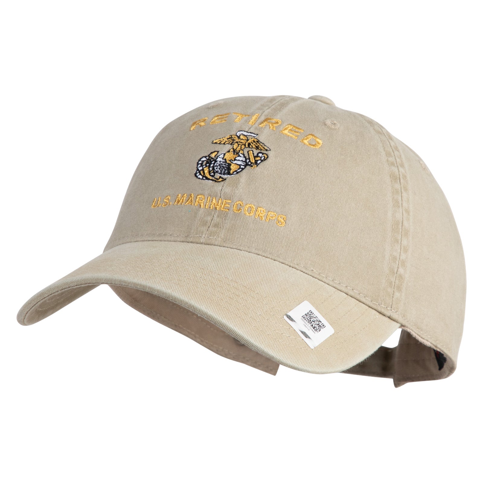 Beige cap with 'Retired U.S. Marine Corps' text and emblem on a white background