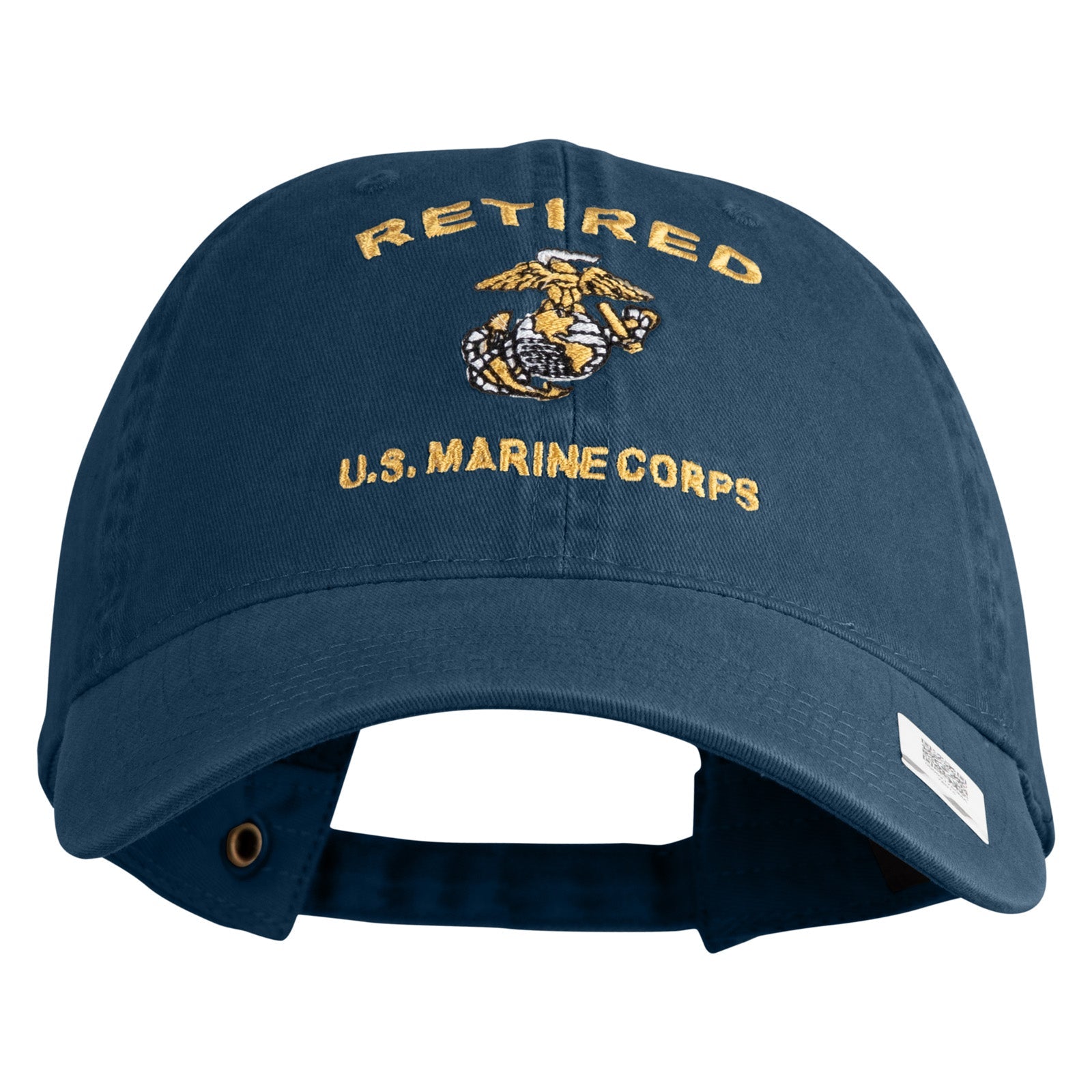 Blue cap with 'Retired U.S. Marine Corps' text and emblem on a white background