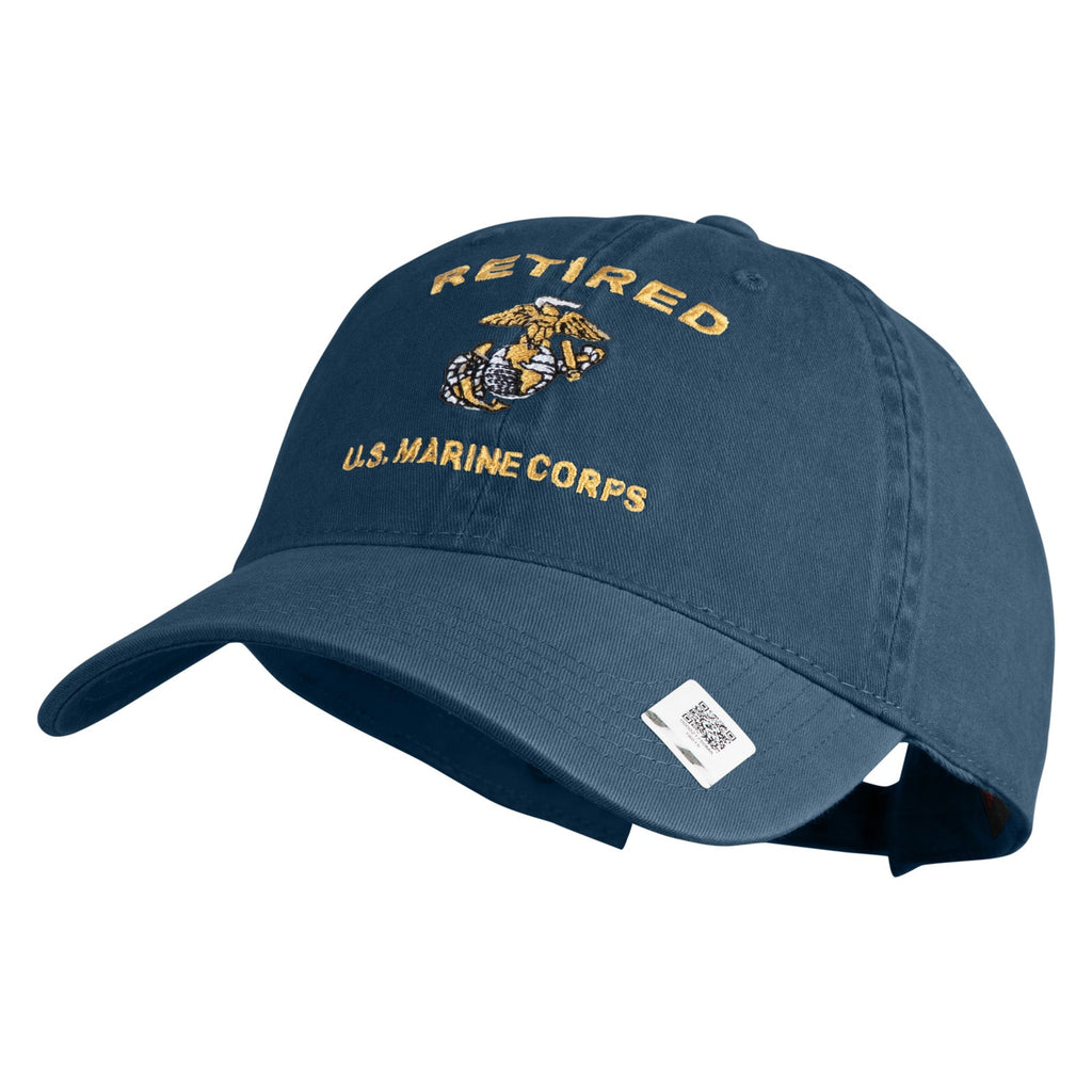 Blue cap with 'Retired U.S. Marine Corps' text and emblem on a white background