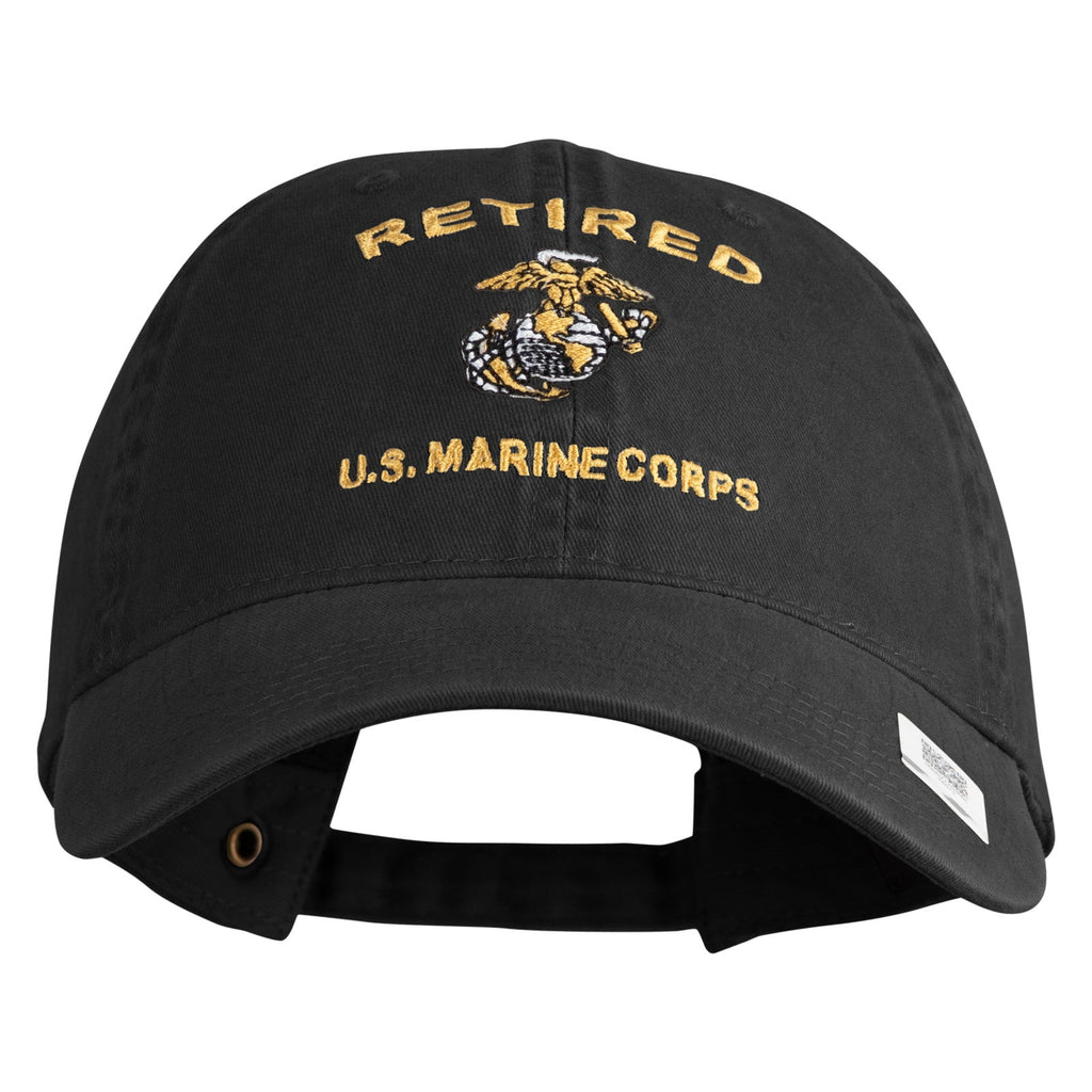 Black cap with 'Retired U.S. Marine Corps' text and emblem on a white background