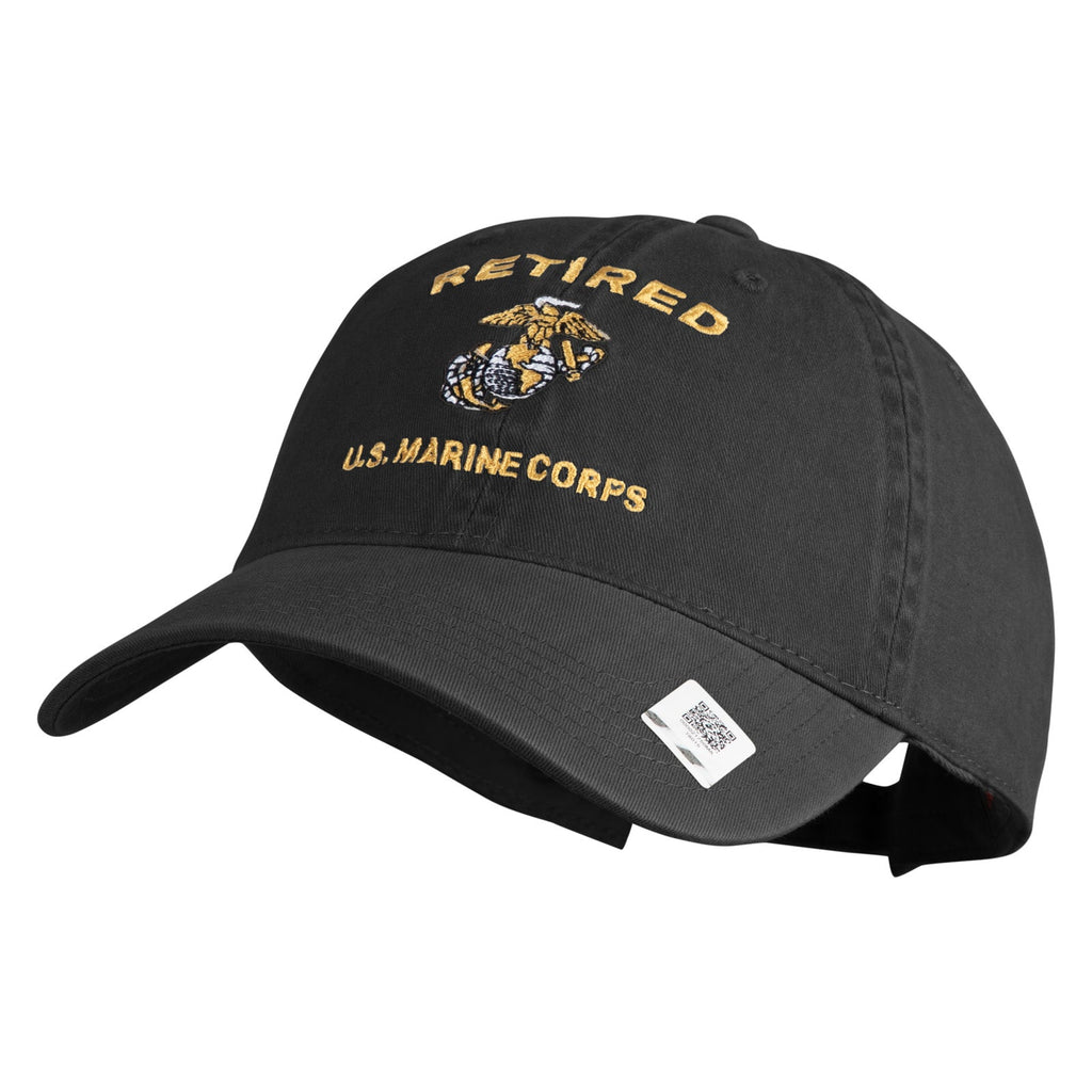 Black cap with 'Retired U.S. Marine Corps' text and emblem on a white background