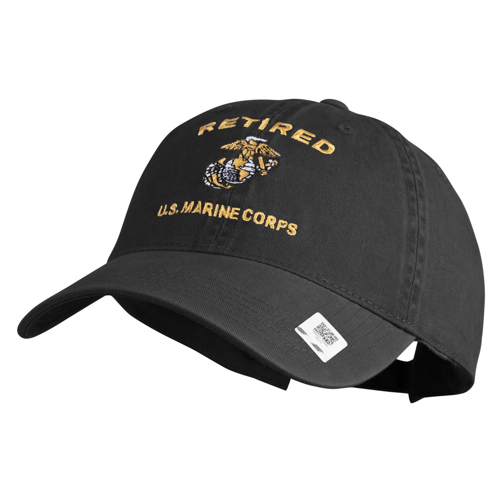 Black cap with 'Retired U.S. Marine Corps' text and emblem on a white background