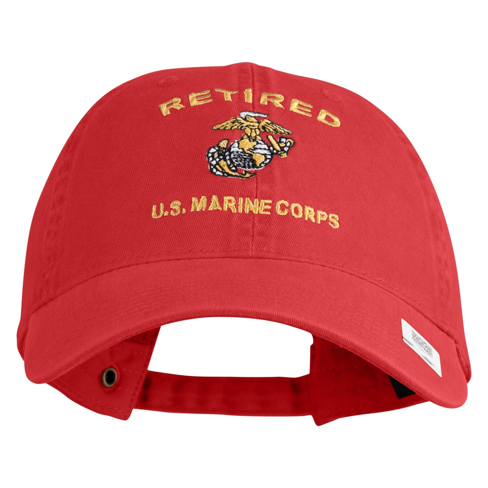 Red cap with 'Retired U.S. Marine Corps' text and emblem on a white background