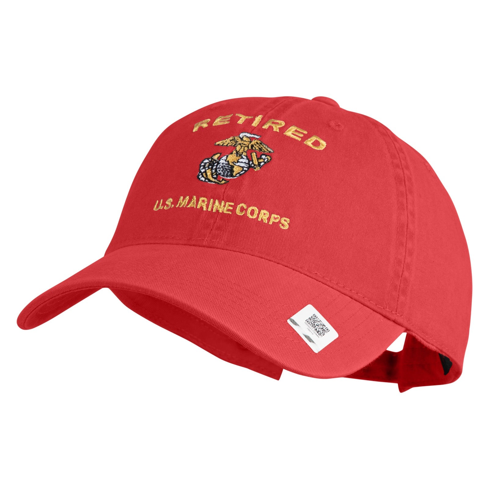 Red cap with 'Retired U.S. Marine Corps' text and emblem on a white background