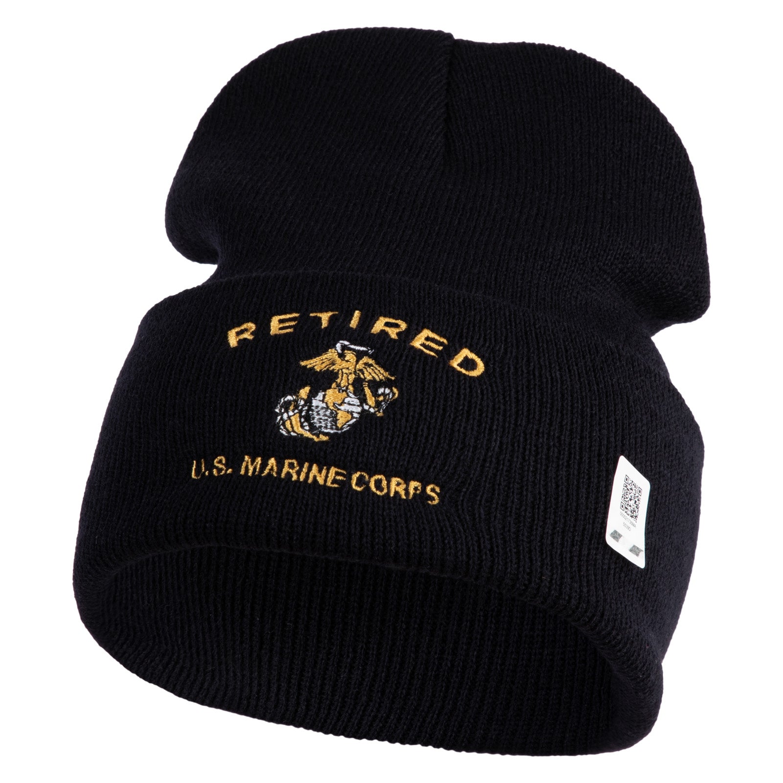 Black knit beanie with 'Retired U.S. Marine Corps' embroidery on a white background