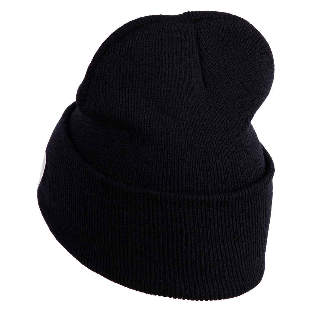 Black knit beanie on a white background