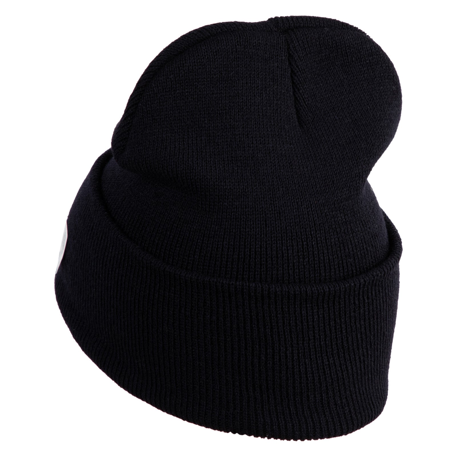 Black knit beanie on a white background