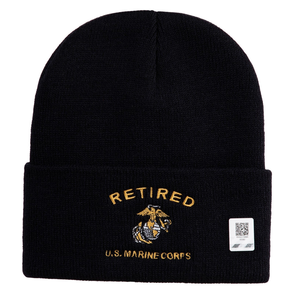 Black beanie with 'Retired U.S. Marine Corps' embroidery on a white background