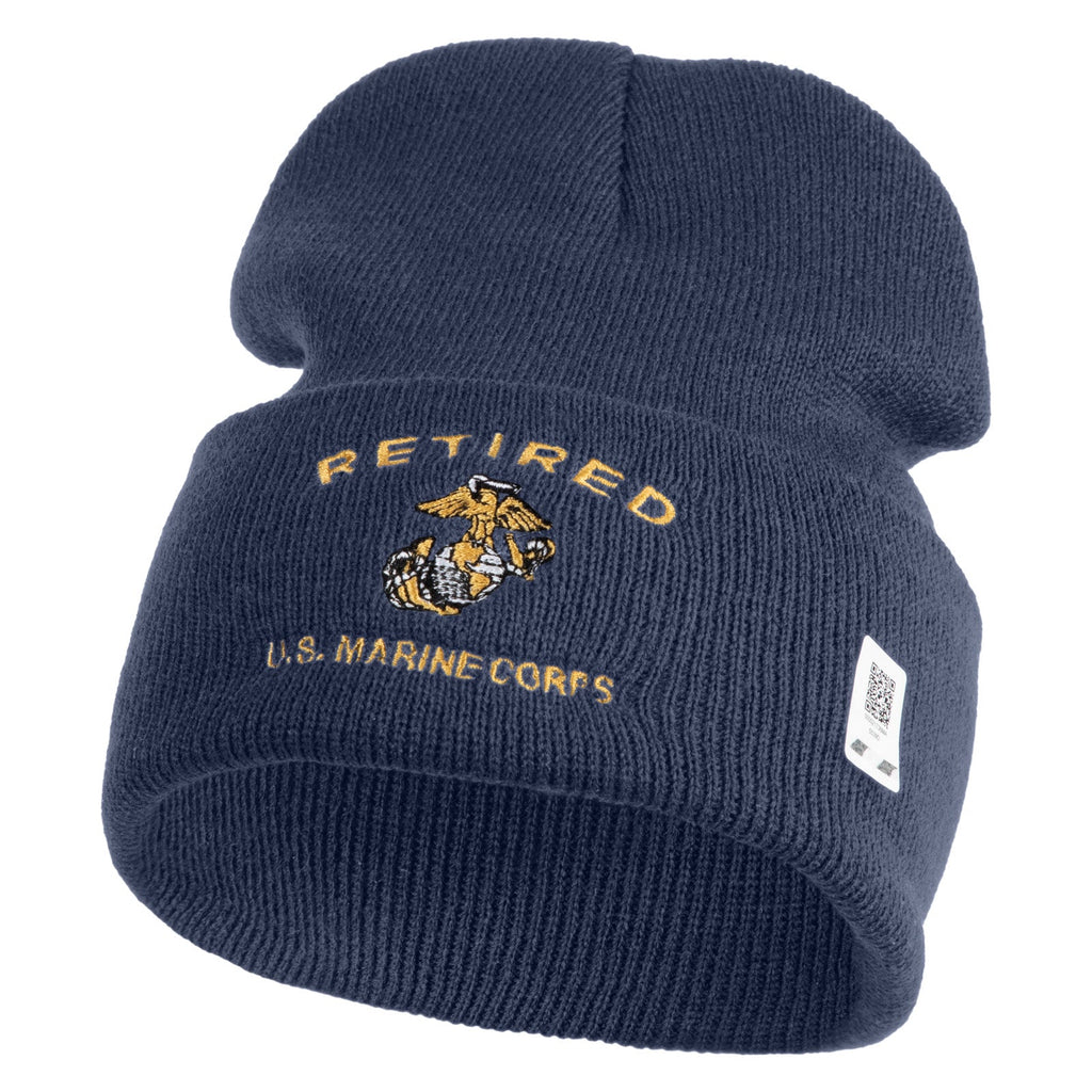 Blue knit beanie with 'Retired U.S. Marine Corps' text and emblem on a white background