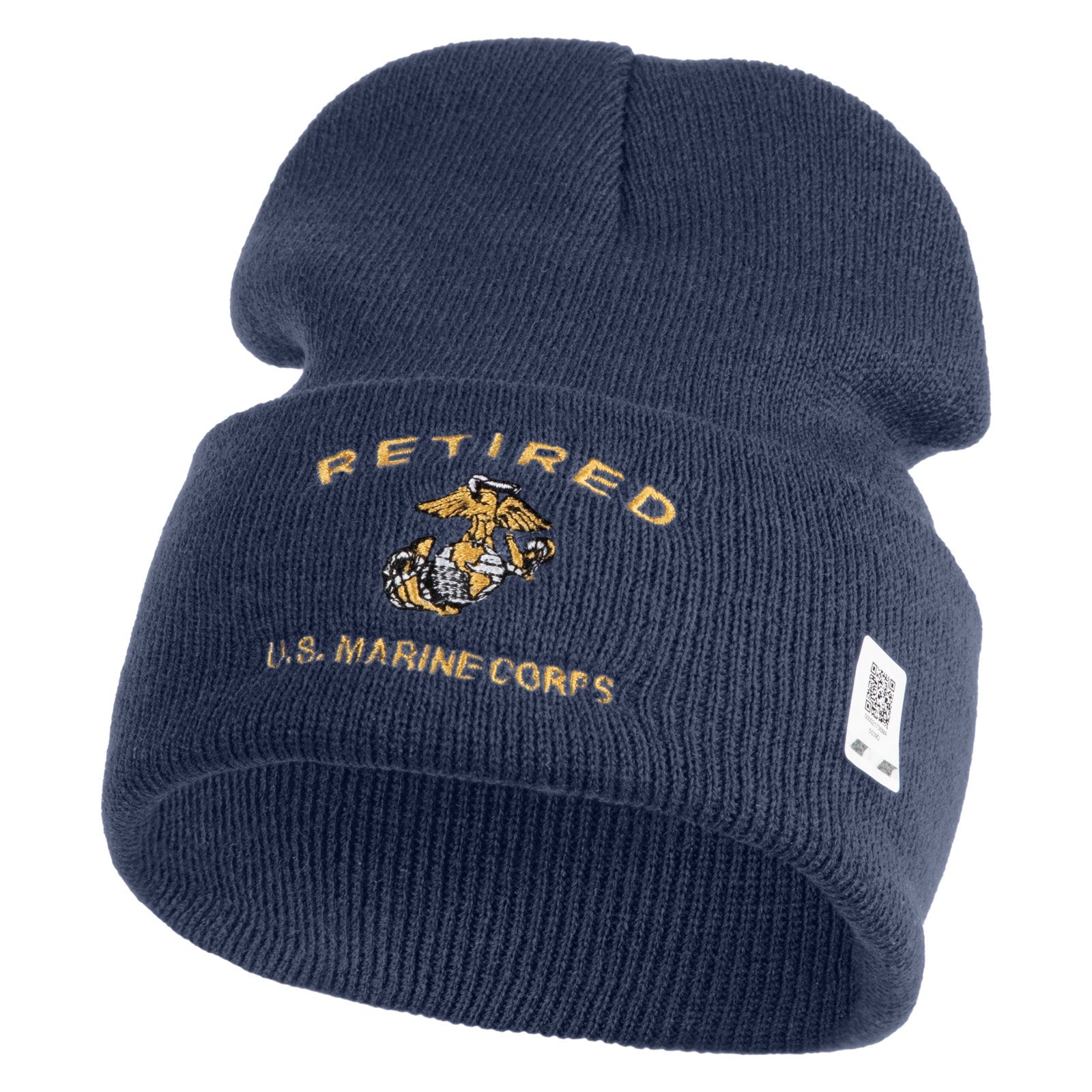 Blue knit beanie with 'Retired U.S. Marine Corps' text and emblem on a white background
