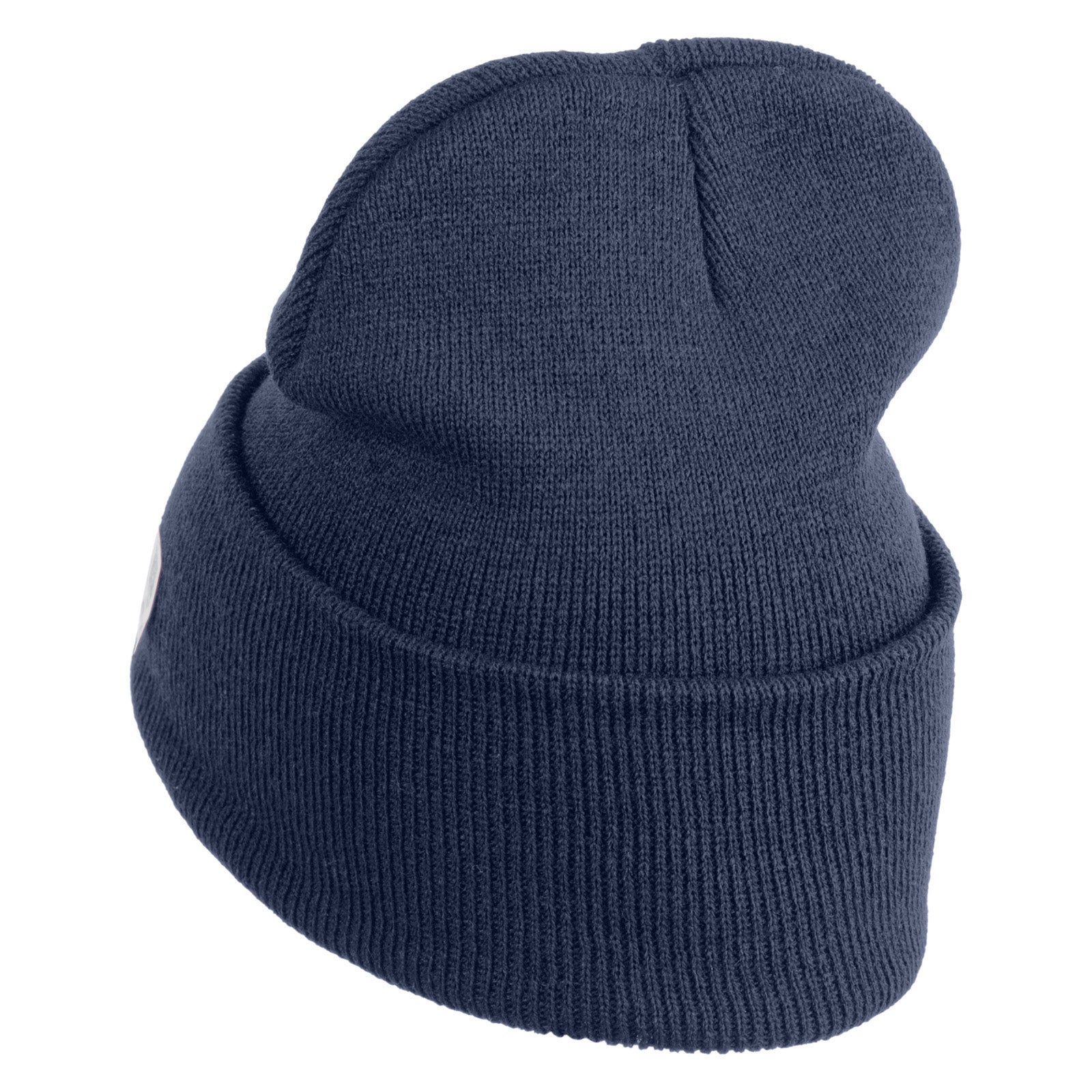 Blue knit beanie on a white background