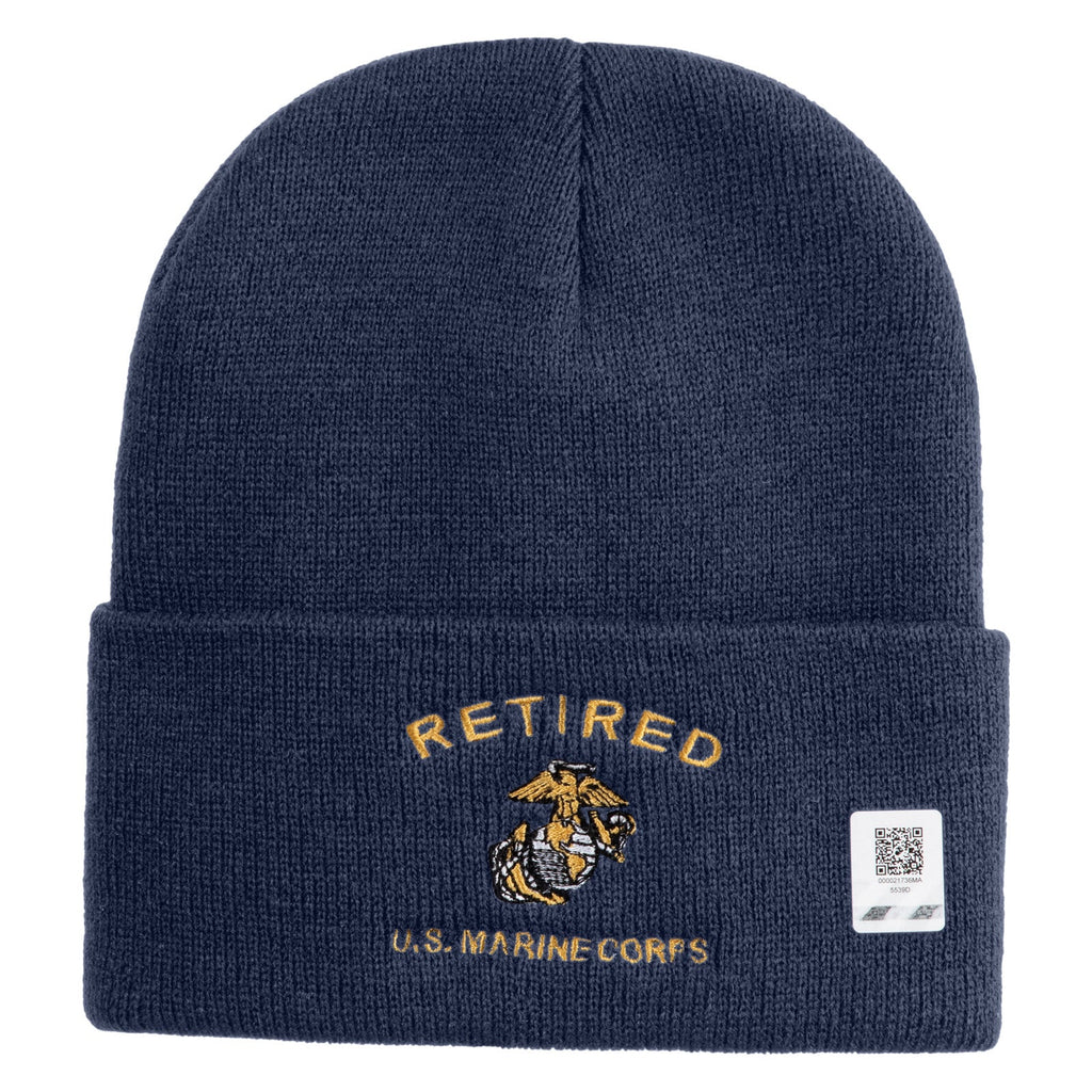 Navy blue beanie with 'Retired U.S. Marine Corps' embroidery on a white background