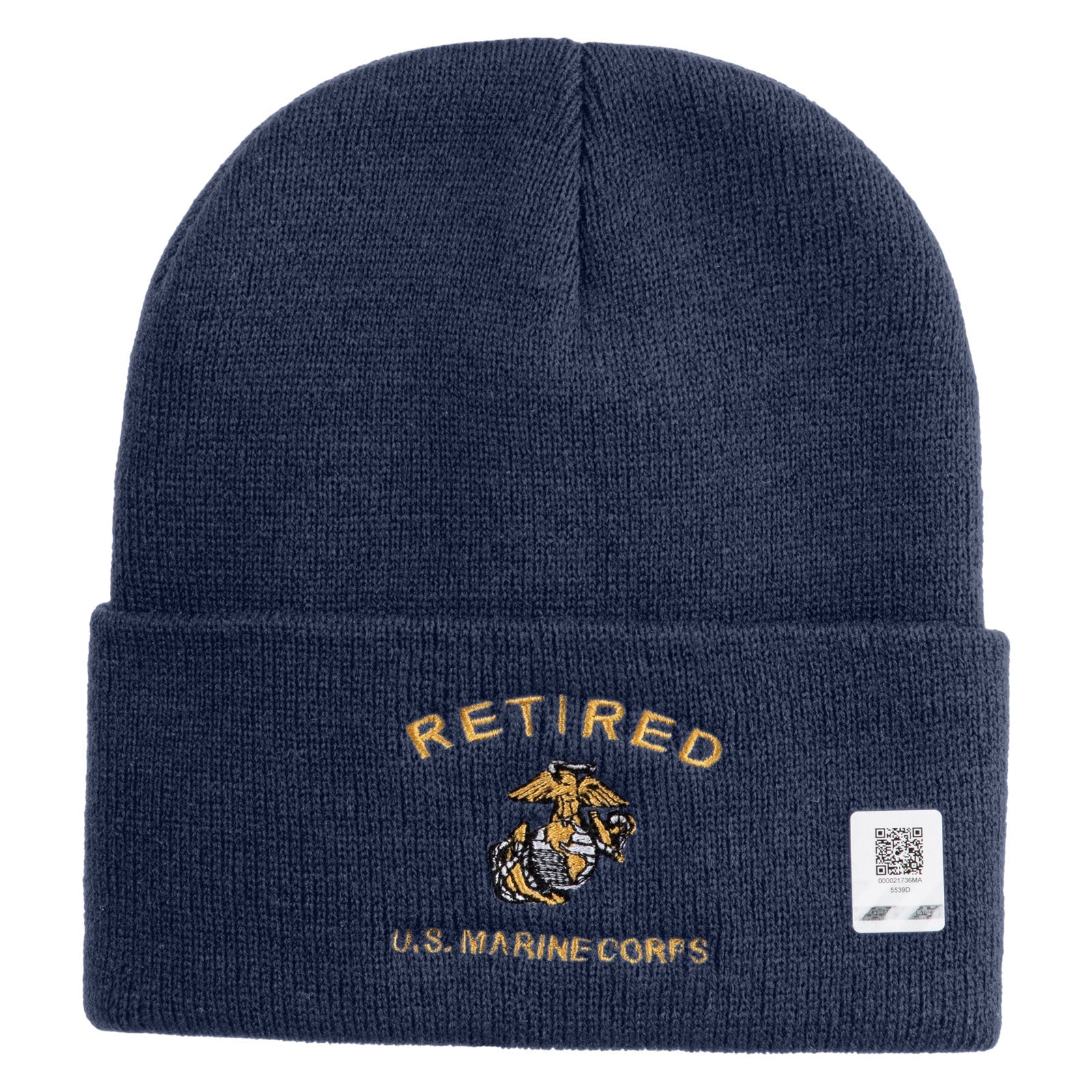 Navy blue beanie with 'Retired U.S. Marine Corps' embroidery on a white background