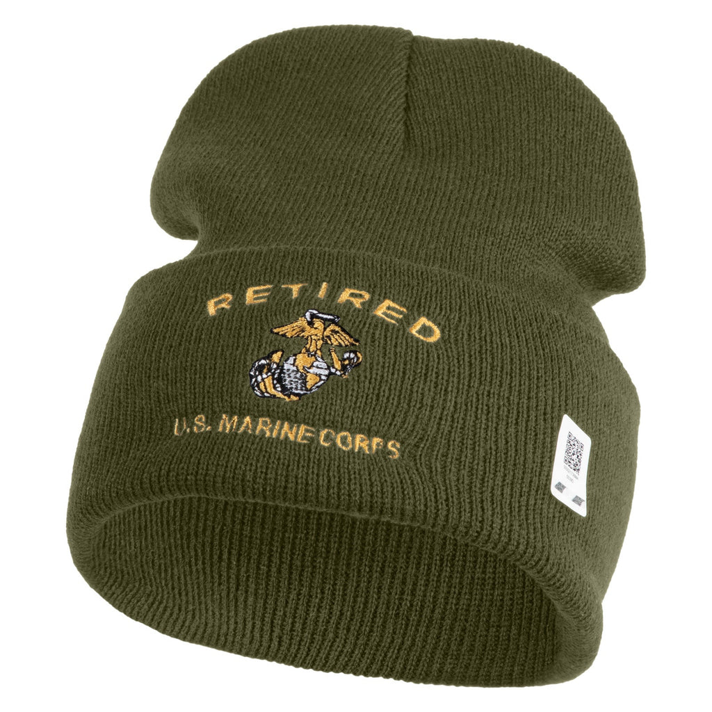 Blue knit beanie with 'Retired U.S. Marine Corps' text and emblem on a white background