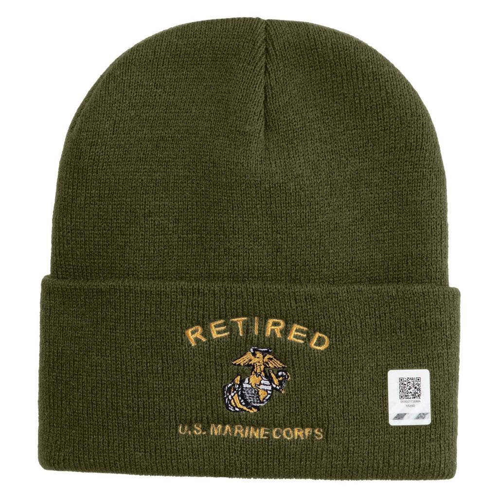 Dark gray beanie with 'Retired U.S. Marine Corps' embroidery on a white background