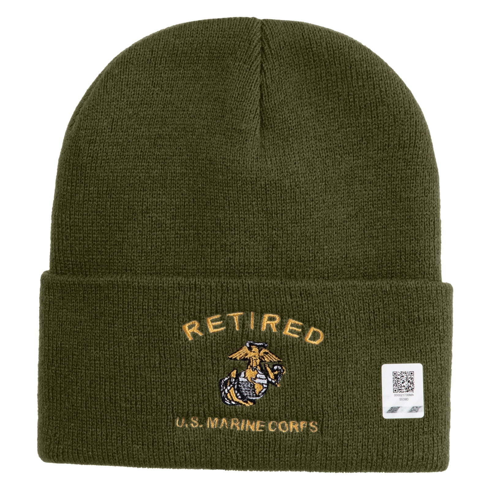 Dark gray beanie with 'Retired U.S. Marine Corps' embroidery on a white background
