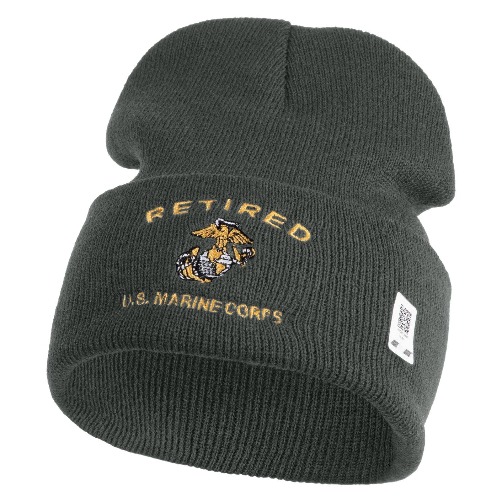 Blue knit beanie with 'Retired U.S. Marine Corps' text and emblem on a white background