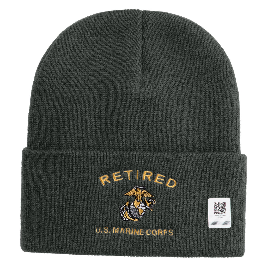 Dark gray beanie with 'Retired U.S. Marine Corps' embroidery on a white background