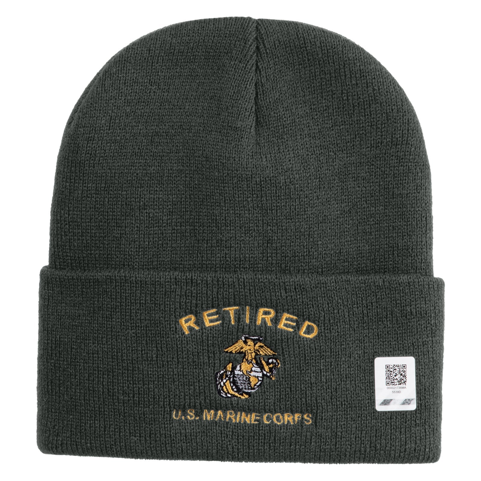 Dark gray beanie with 'Retired U.S. Marine Corps' embroidery on a white background