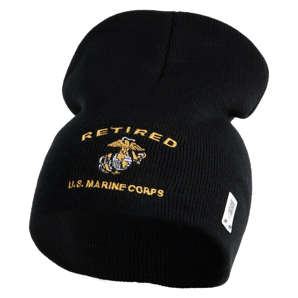 Black knit beanie with 'Retired U.S. Marine Corps' text and emblem on a white background
