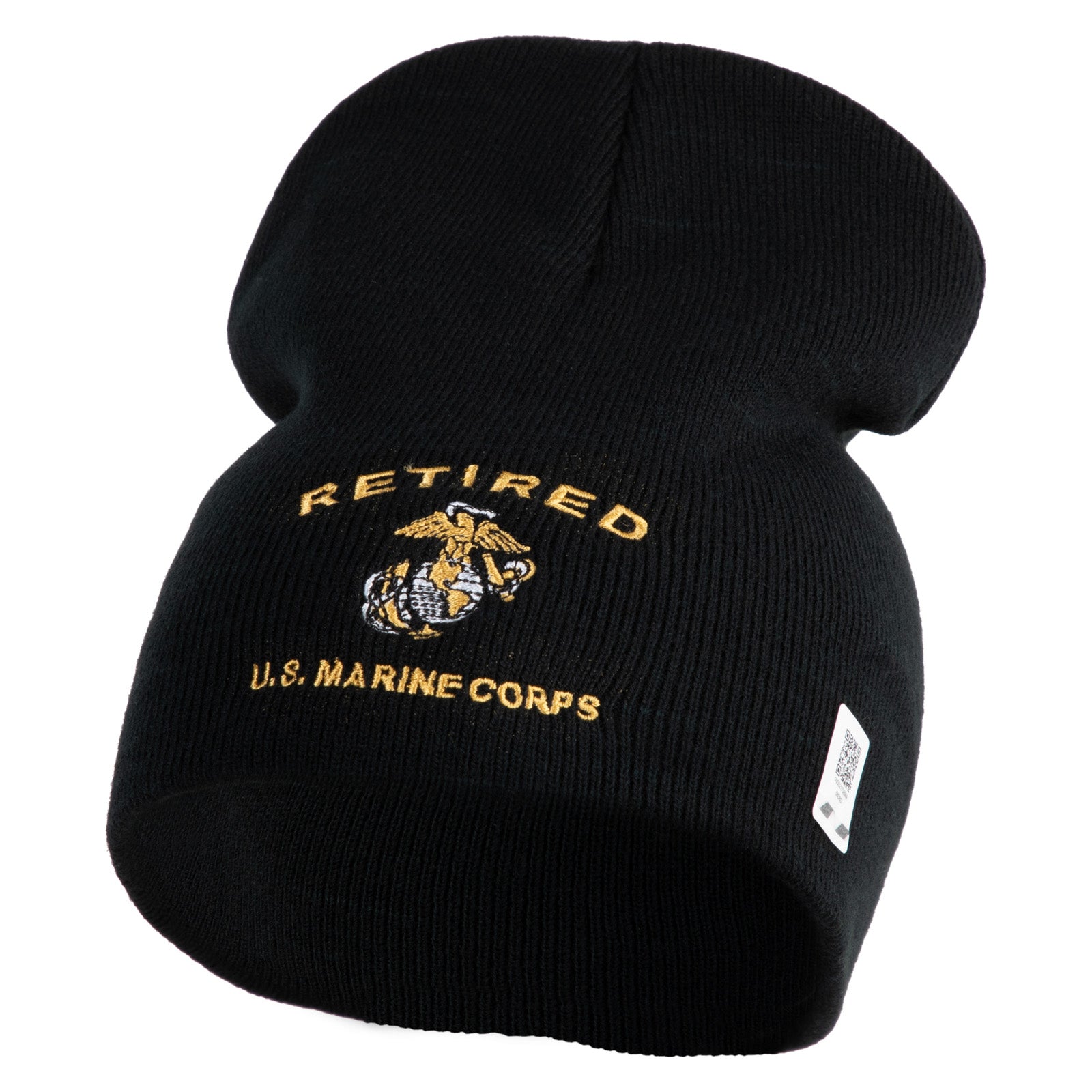 Black knit beanie with 'Retired U.S. Marine Corps' text and emblem on a white background