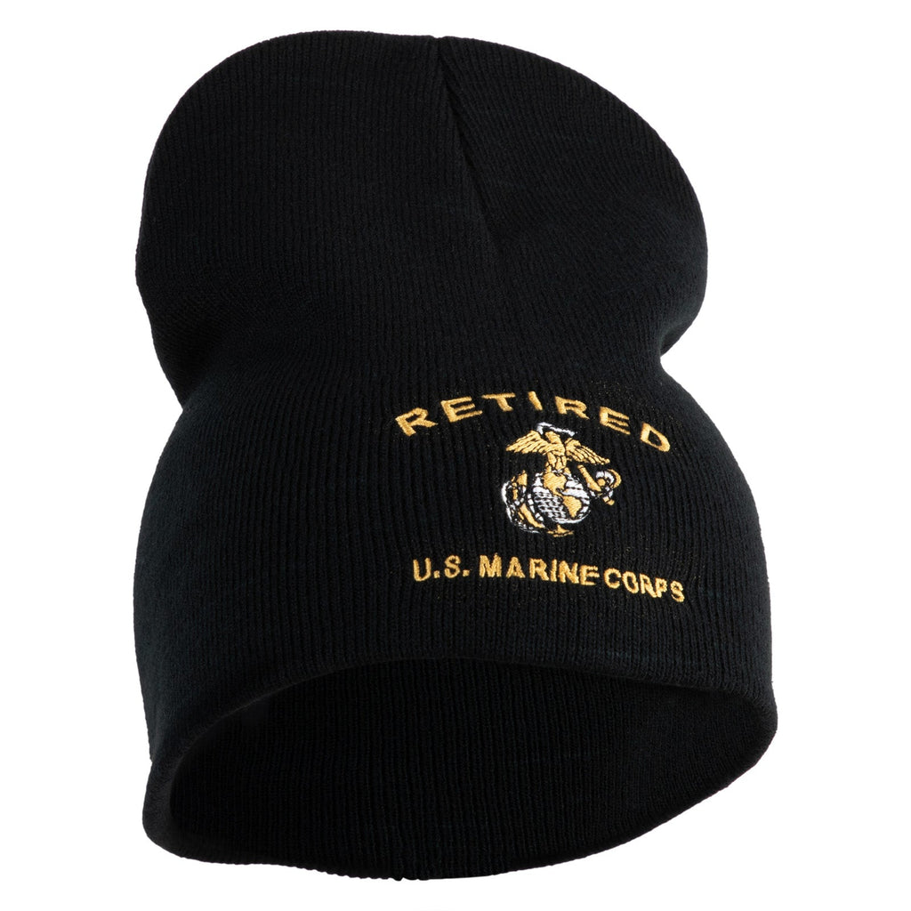 Black beanie with 'Retired U.S. Marine Corps' embroidery on a white background