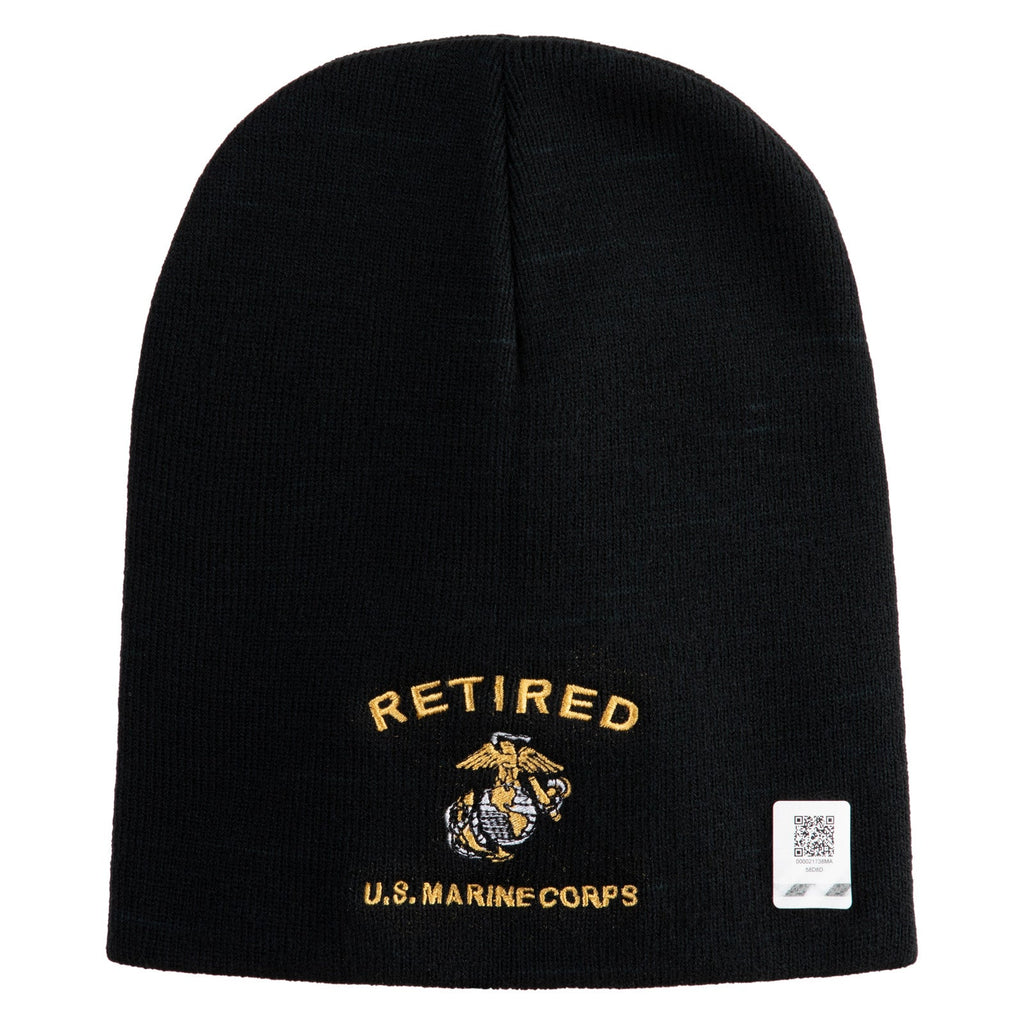 Black beanie with 'Retired U.S. Marine Corps' embroidery on a white background