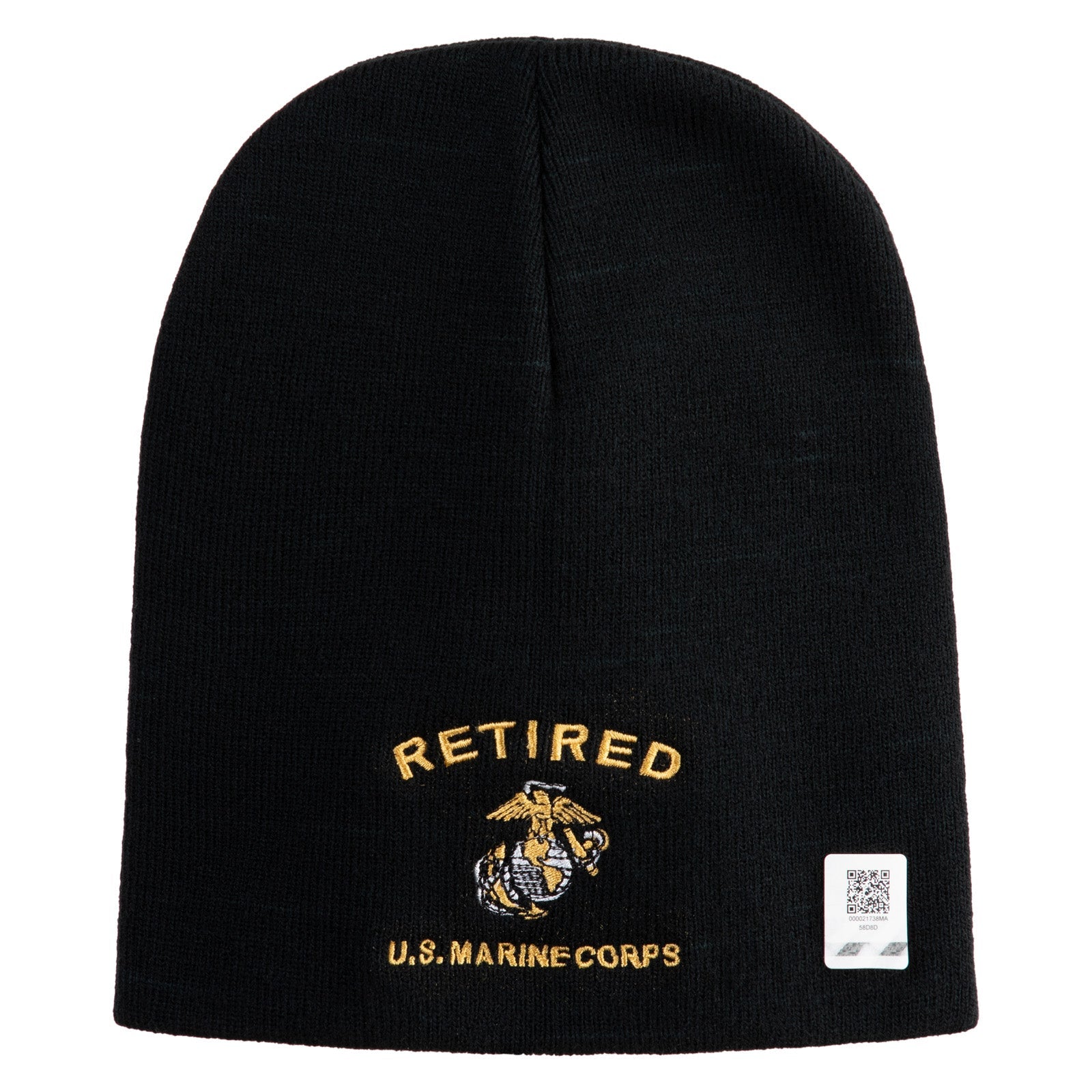 Black beanie with 'Retired U.S. Marine Corps' embroidery on a white background