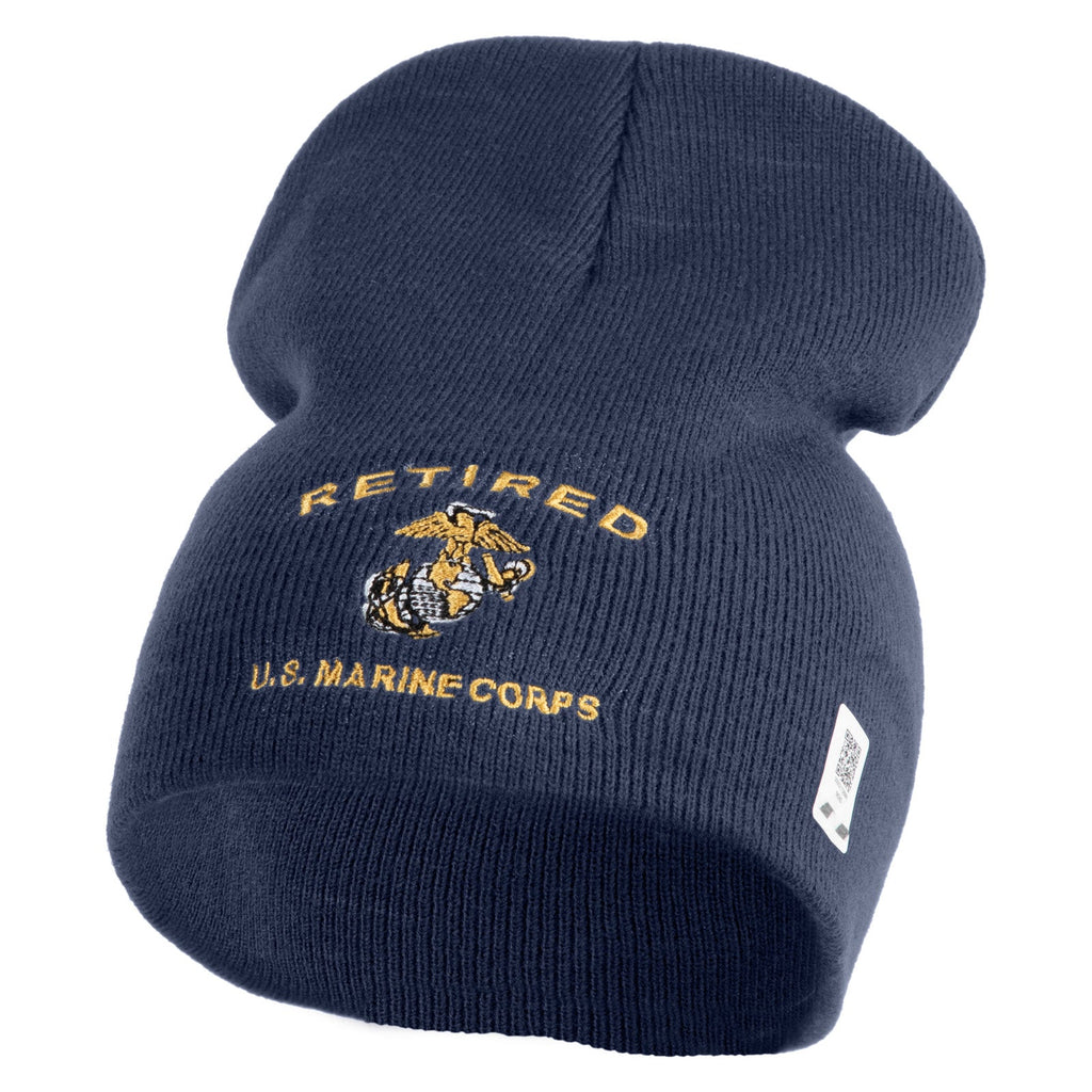 Navy blue beanie with 'Retired U.S. Marine Corps' text and emblem on a white background